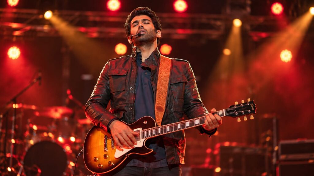 Rahul performing with an electric guitar under red stage lights, inspired by Aashiqui 2.