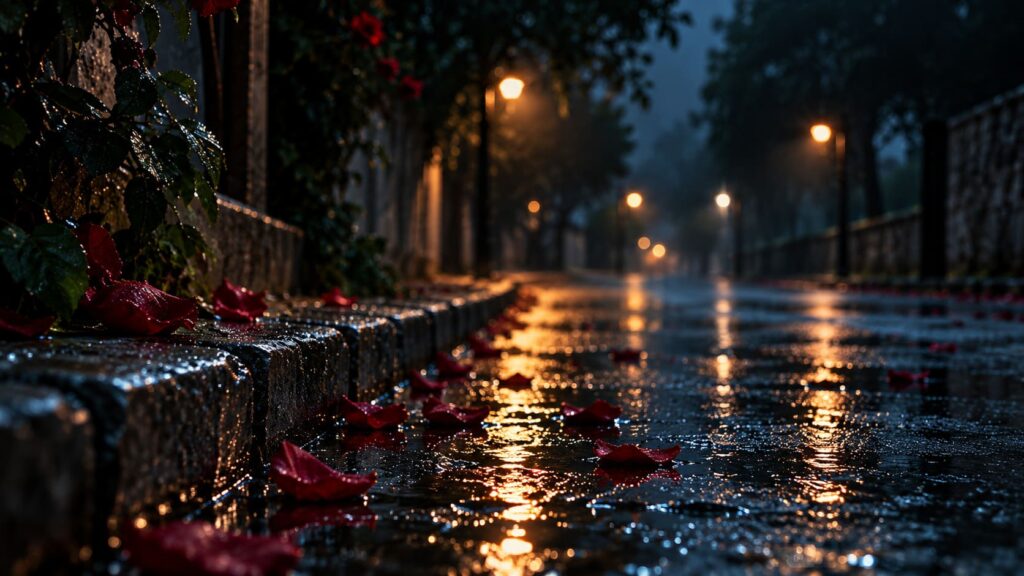 A deserted rain-soaked road scattered with red rose petals, illuminated by distant streetlights.