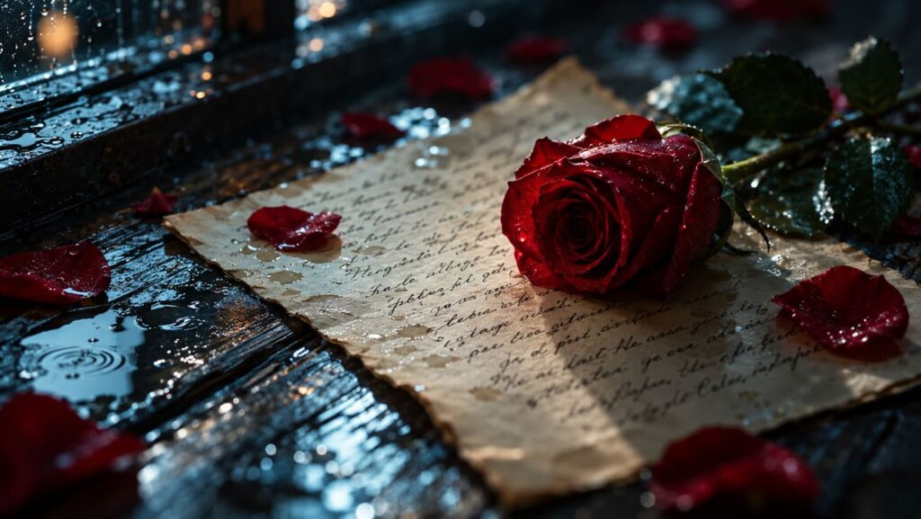 A deep red rose resting on a handwritten love letter atop rain-soaked wooden boards, surrounded by scattered petals.